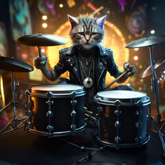 Cat Drummer playing on drum set on stage. Amazing digital illustration. CG Artwork Background