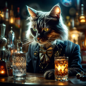 Cat Bartender serving a glass of an alcohol drick at the bar counter. Amazing digital illustration. CG Artwork Background