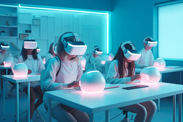 View of students sitting by desks wearing augmented reality headsets. generative AI