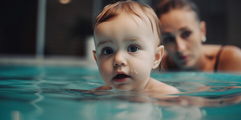 Generative AI, a small child learns to swim in the pool, baby swimming, blue water, cute children, swimming training advertisement, space for text, big eyes, early development, healthy lifestyle