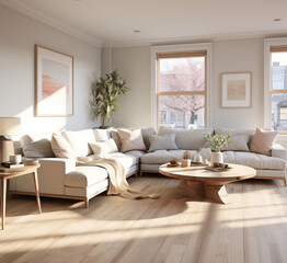 Fototapeta premium Living room interior with sofa and coffee table. 3d render.