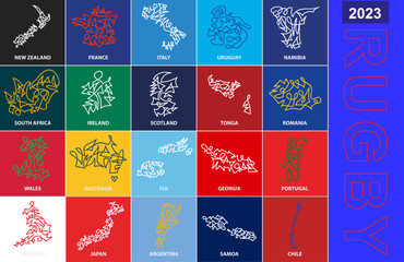 Collection of abstract stroke maps of participants International Rugby competition. - obrazy, fototapety, plakaty