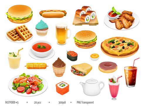 Fastfood Illustration Icons set, Fast food icon collection, Hand drawn digital graphics oil paint style icon pack