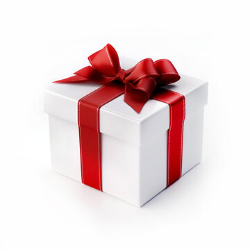 White gift box with red satin bow isolated on background. Stylish packaging of goods, presentation. AI generated