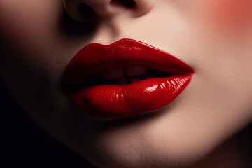 woman lips with red lipstick with open female mouth close-up. Beauty concept. Generative AI illustration - obrazy, fototapety, plakaty