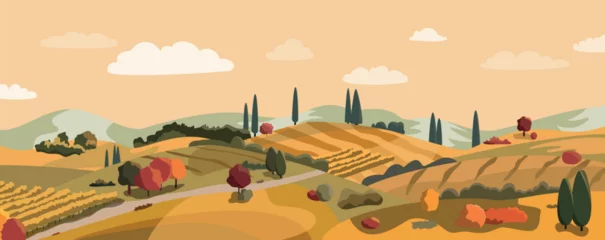 Gordijnen Italian village cartoon landscape with hills and fields in autumn colors. Vector illustration. Flat design banner. European fall village. European countryside in fall. © Alex_Zakharov