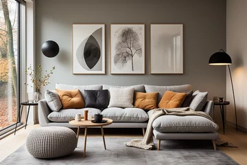 Foto op Plexiglas A living luxurary room of a beautiful bright modern Scandinavian style house, generative AI  © TimosBlickfang