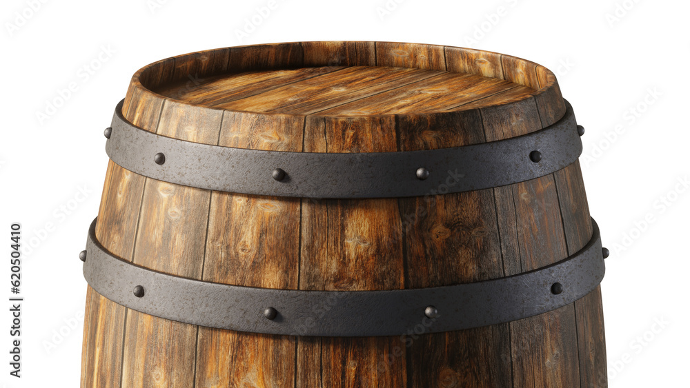 Wall mural close up view of the top of a wooden barrel isolated on empty background. 3d rendering
