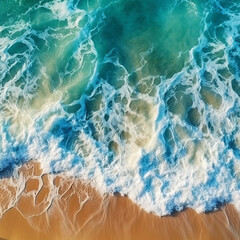 Obraz premium Charming aerial perspective of sea waves and sandy beach. Good for a background image. Beautiful seascape of nature. Calm summer vacation or festive landscape. Generative AI