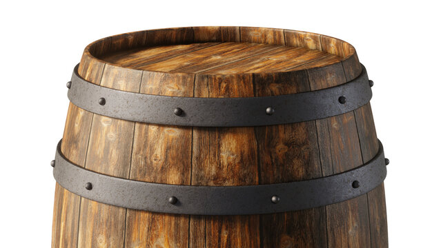 Close up view of the top of a wooden barrel isolated on empty background. 3D Rendering
