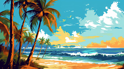 Beautiful summer landscapes on the tropical beach. Retro style. Tropical landscape with palm trees.