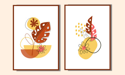 Boho wall art Vector Illustration. Bohemian poster with flower plant. Nordic wall decorations.