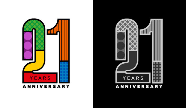 21st anniversary logo set, twenty-one icons, colorful logo for celebration event, invitation, congratulations, web template, flyer and booklet, retro symbol
