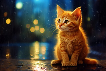 Sad wet kitten in the rain on a city street at night. Abandoned cat. Generative AI. - 620505410