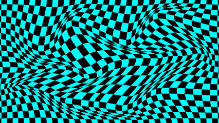Psychedelic optical illusion. Abstract vector distorted background with black and white square cells. Op art pattern textures.