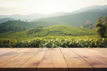 Fototapeta na wymiar Blank Wooden Board Mockup with Green Tea Plantation Background, Perfect for Product Display and Decoration