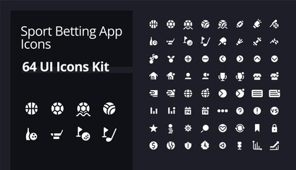 Sport betting online white glyph ui icons kit for dark mode. Gambling sites. Silhouette symbols on black background. Solid pictograms for web, mobile. Vector isolated illustrations. Poppins font used