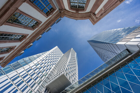 Frankfurt - July 26, 2016. Ground level view of PalaisQuartier building complex. Collection Business Center, Frankfurt Nextower, Palais Thurn und Taxis and Jumeirah Hotel Frankfurt.
