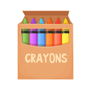 Wax crayons in carton box in cartoon style isolated on white background. Preschool palette, pencils for education.