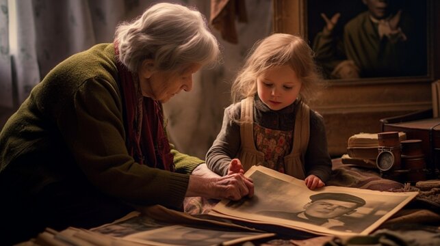 Family tree concept, dna, genes, ancestors. Grandmother elderly woman sits with her granddaughter shows her a photo album with relatives. Generational continuity, vintage retro, created by AI