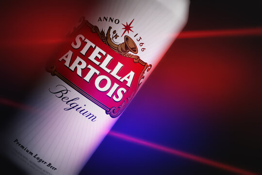 Stella Artois. Can of beer close-up. Beer Stella Artois in a tin. Beer from the global brand Stella Artois. Space for copies. Colored highlights. Ukraine. Kyiv. 07. 04. 2023