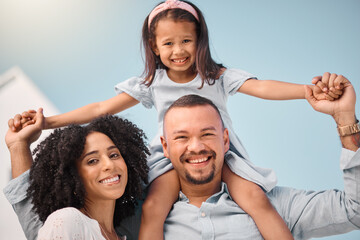 Fototapeta premium Family in portrait, girl on man shoulders and happy people outdoor, mother and father with young daughter bonding. Parents, female kid and smile, happiness and care, love and quality time together