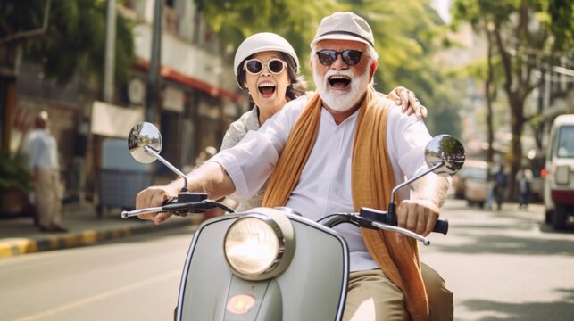 Concept: life and rest of pensioners. Happy couple of old people riding a scooter on a trip to Europe, active seniors. created by AI