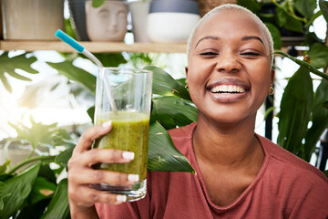 Health, diet and happy with black woman and smoothie for detox, breakfast and protein. Nutrition,...