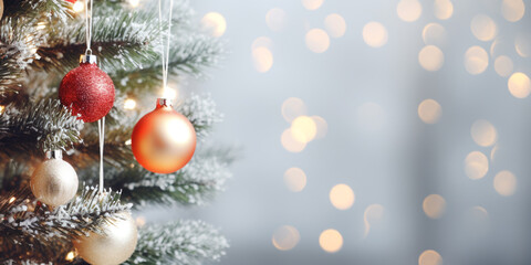Naklejka na ściany i meble Decorated Christmas tree on a blurred background.copy space. ai generative