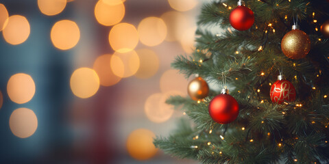 Fototapeta na wymiar Decorated Christmas tree on a blurred background.copy space. ai generative