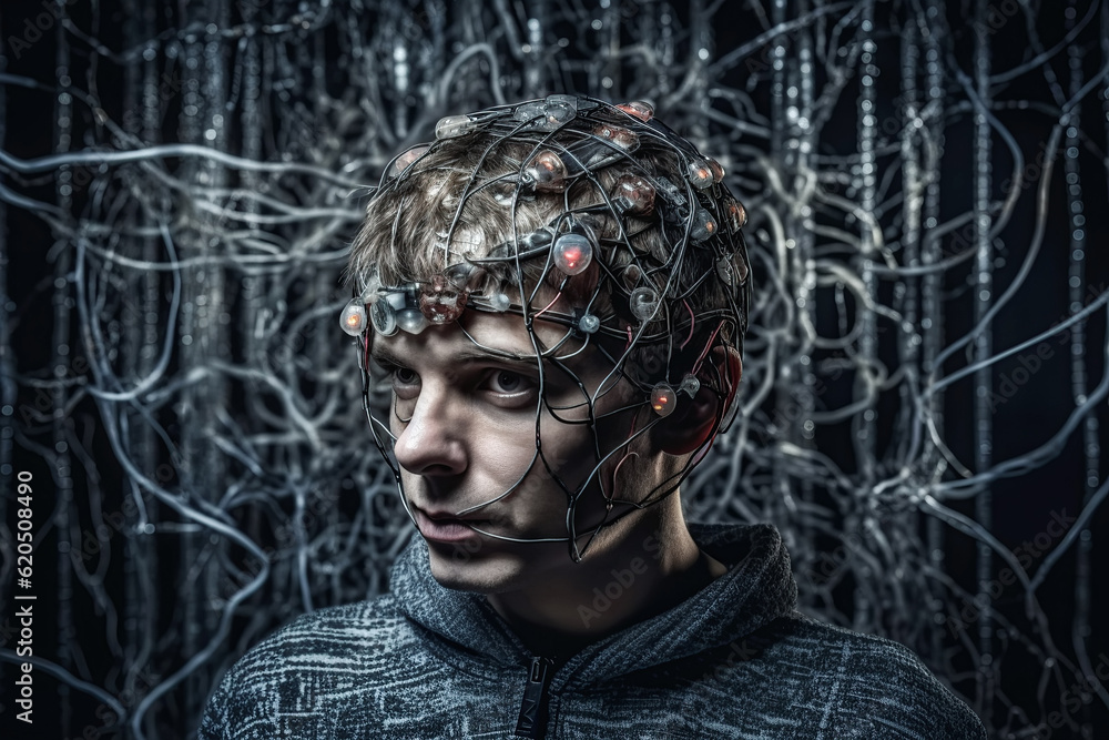 Wall mural portrait of man connected to neural networks. concept of future of artificial intelligence. generati