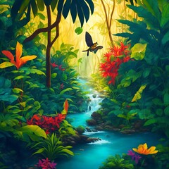 Tropical forest vibrating with wildlife, brightly lit by the sun. Colourful illustration creative with generative AI.