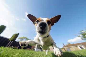 Fototapeta premium jack russel in garden is jumping around on a sunny day