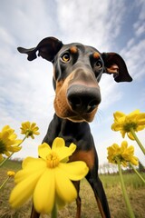 doberman dog trying to catch some flowers on a sunny day