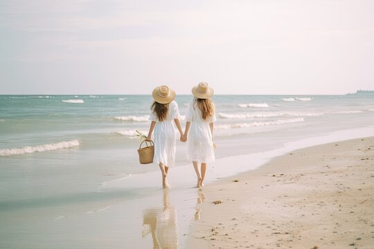 two young girls in white boho dresses with hats walking on the beach carrying a basket
