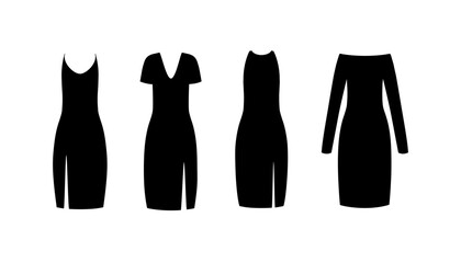 Collection of evening and cocktail dresses. Little black dress. Fashion silhouette apparel. Vector. Set of four women clothing. Clothes icon isolated on white background. Flat illustration.