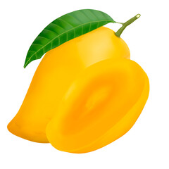 A slice of yellow mango and mango with leaf hand draw and paint png file for decoration and online advertising 