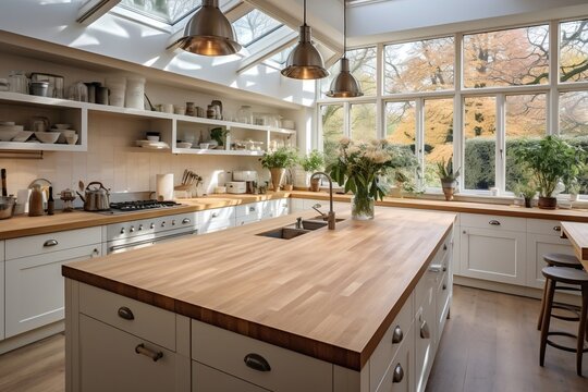 A kitchen with a wooden table and white cabinets. AI