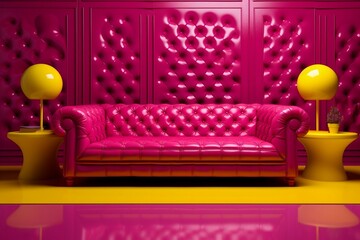 A yellow couch sitting in the middle of a pink room. AI