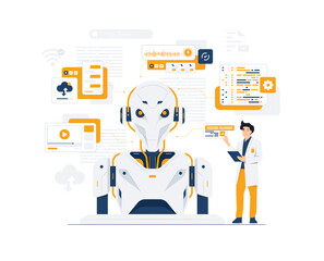 Artificial intelligence created generate art with prompt, AI servers and robots technology with neural network thinks. a digital brain is learning to process big data concept illustration