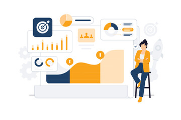 Statistical analysis business finance. Businesswoman sitting next chart to analyzing growth, Site stats, Data inform, Statistics, monitoring financial reports and investments concept illustration