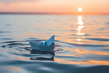 A small paper boat floating on the ocean. . Generative AI