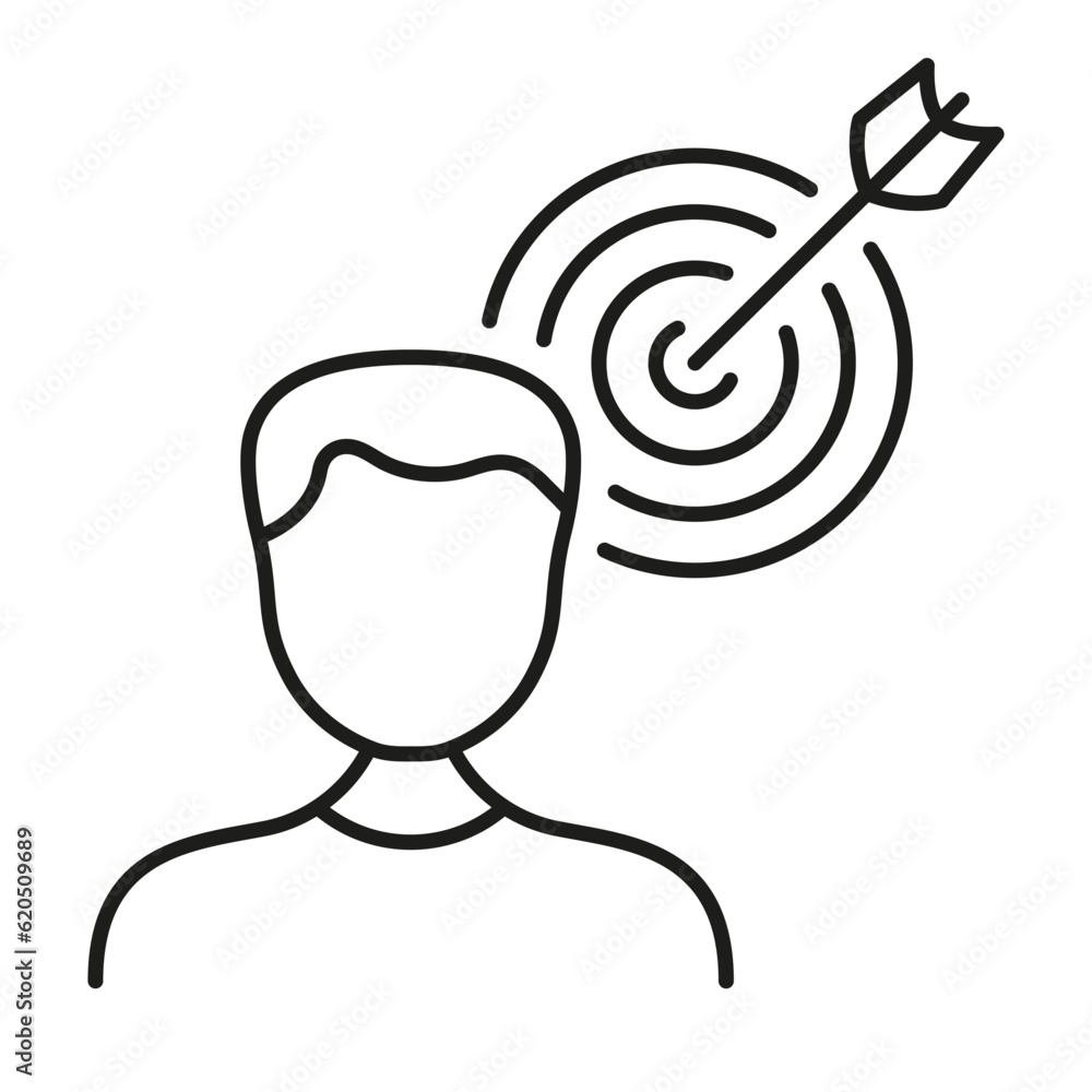 Poster object oriented man line icon. person with goal, human strategy, aim focus linear pictogram. dartboa