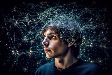 portrait of man working with neural networks in cyberspace. Concept of artificial intelligence and virtual innovation technologies of future. Generative AI