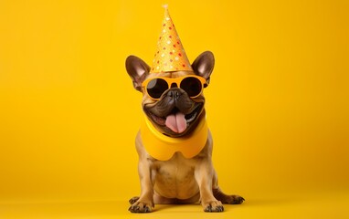 Funny Pet Celebrating: Cute dog in Party Hat and Sunglasses over Yellow Background. French Bulldog