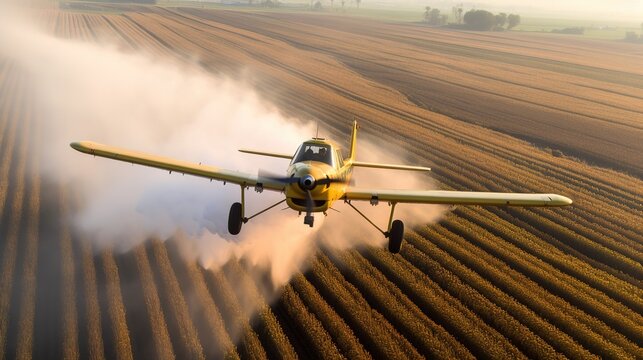 A crop duster applies chemicals to a field of vegetation. Generative AI