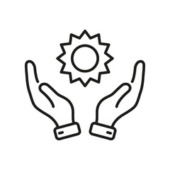 Solar Ecological Energy Line Icon. Human Hands Hold Sun. Ecology and Nature Sign. Environmental Care Linear Pictogram. Morning Sunlight Outline Symbol. Editable Stroke. Isolated Vector Illustration
