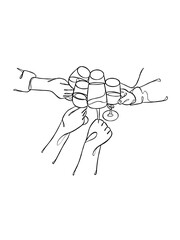Continuous one line drawing of hands cheering with glasses of wine. Vector illustration.