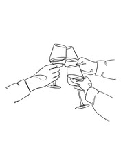 Continuous one line drawing of hands cheering with glasses of wine. Vector illustration.