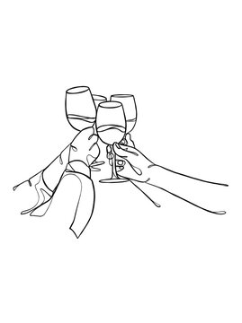 recommend clip art: Continuous one line drawing of hands cheering with glasses of wine. Vector illustration.